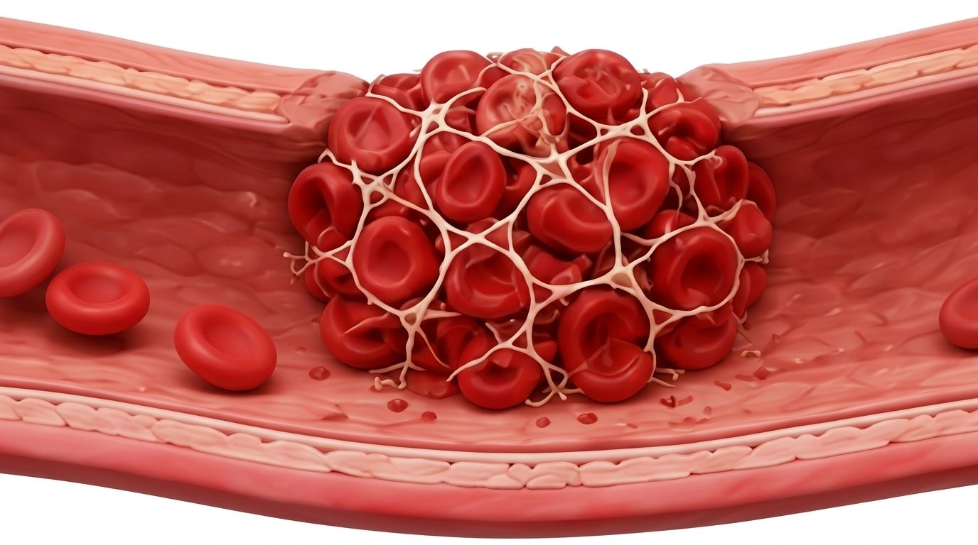 Ilustración conceptual de un coágulo de fibrina en una pared vascular lesionada