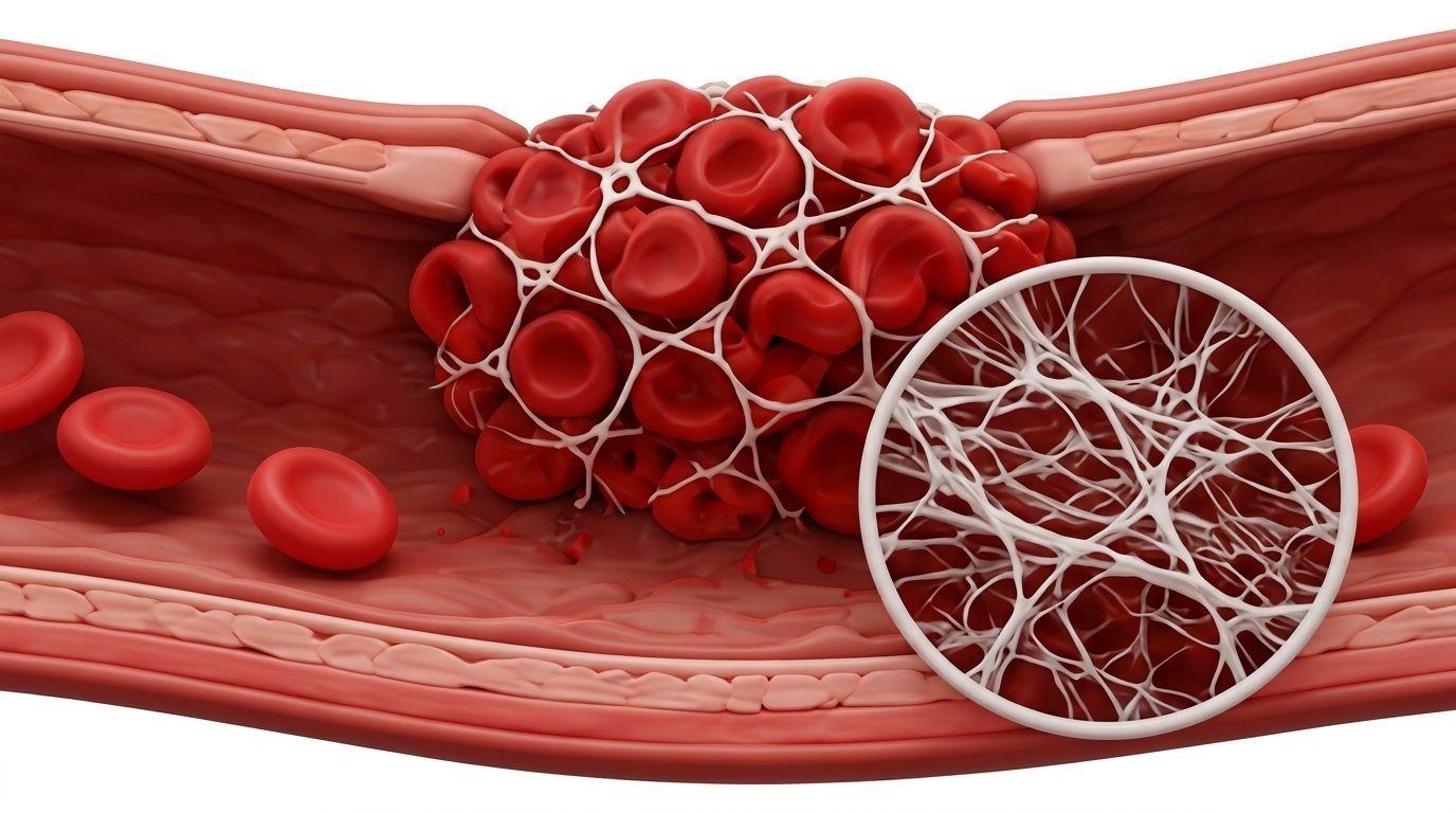 Ilustración conceptual de una red de fibrina alrededor de células sanguíneas