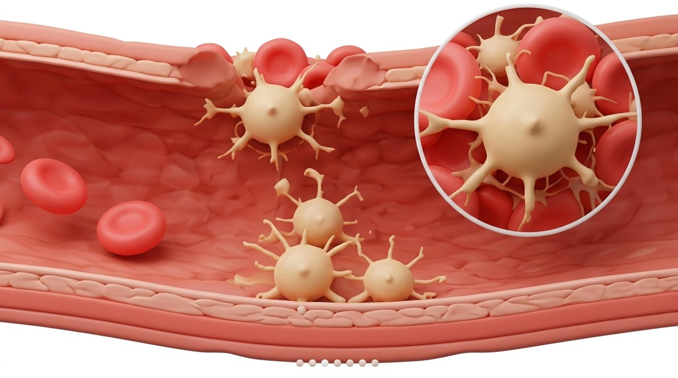 Ilustración conceptual de plaquetas y componentes sanguíneos en una lesión vascular